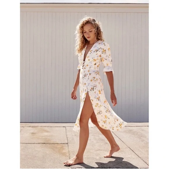 Reformation Maribel Linen Midi Floral Dress Puff Short Sleeves V Neck Tansy 4 - Picture 14 of 14